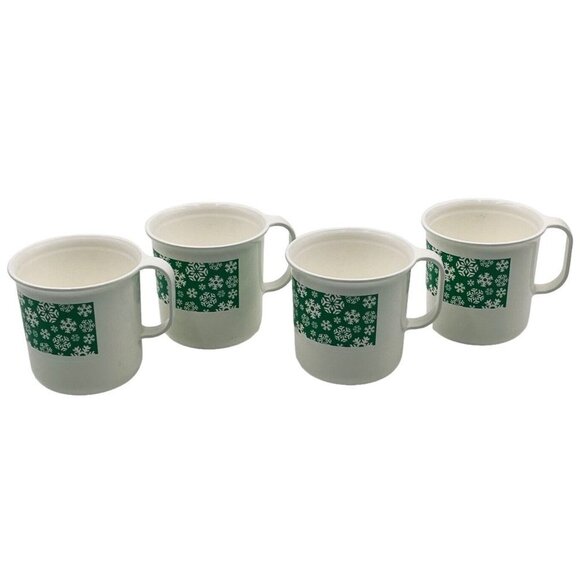 4 Stackable Tupperware Mugs 2271B Green White Snowflake Christmas Holiday Winter - Picture 1 of 14